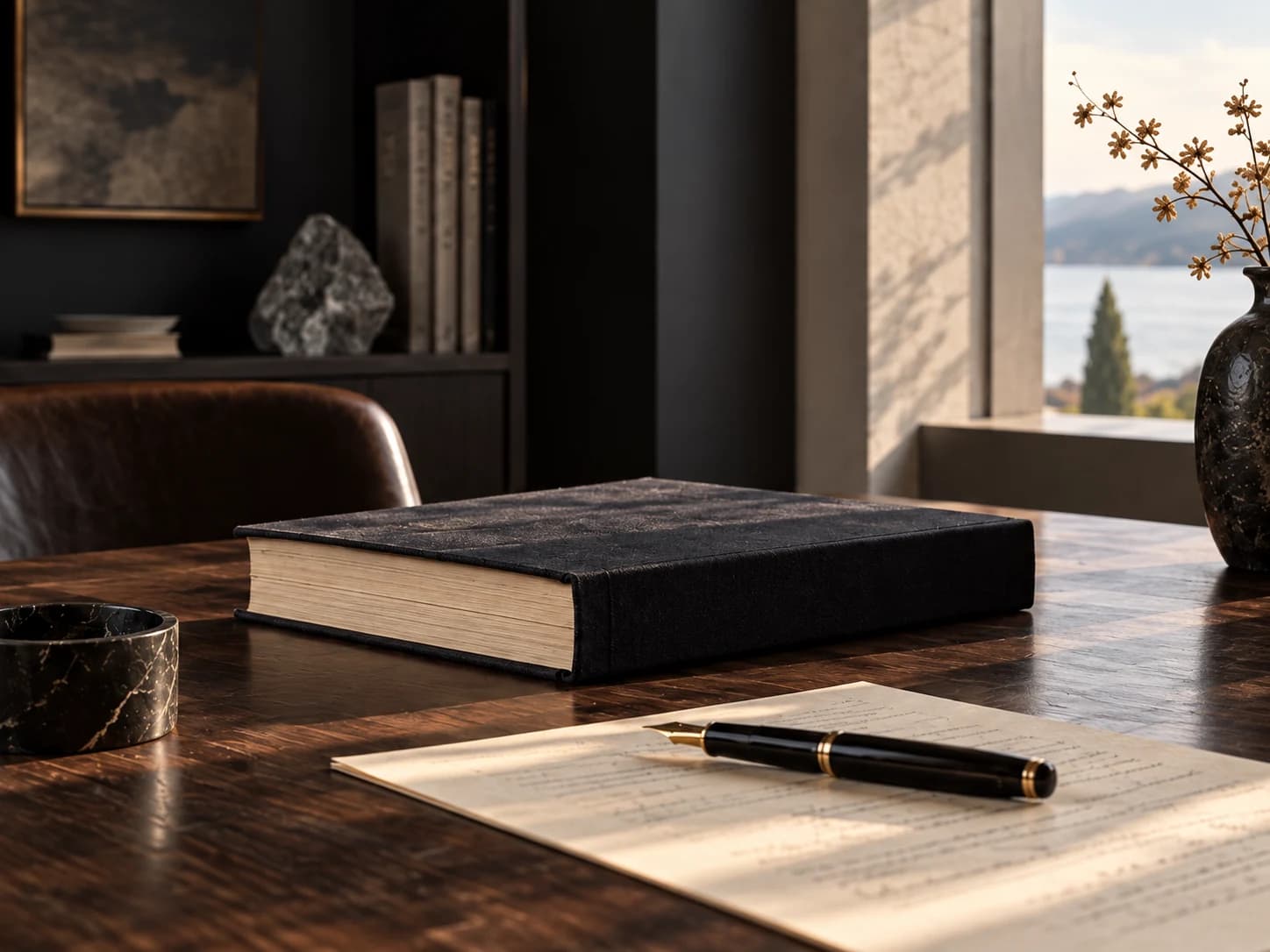 A clothbound book and fountain pen on a quiet research desk